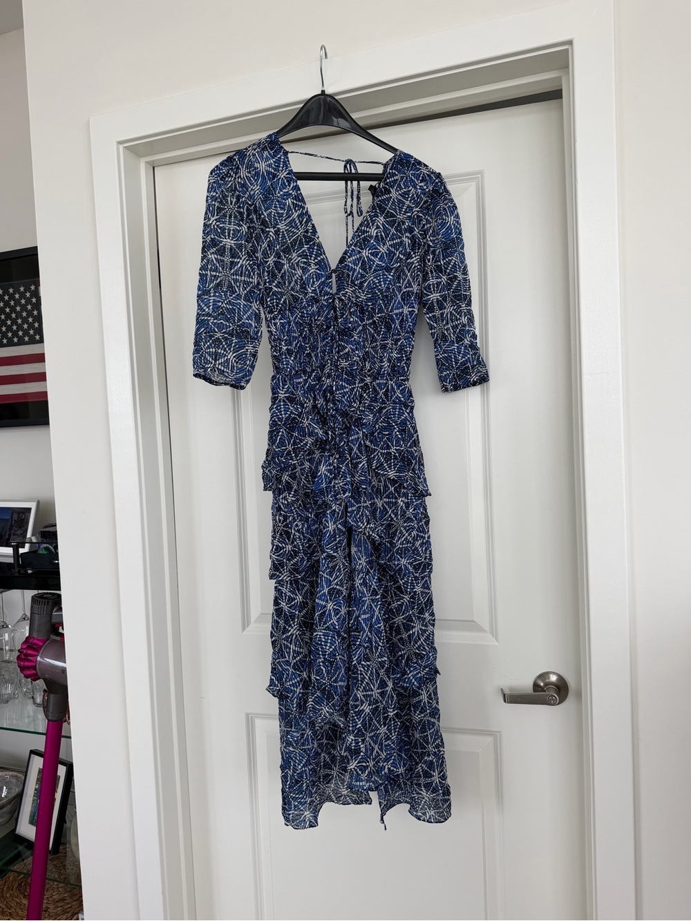 Maje Rufflani V-Neck Ruffle Midi Dress 34